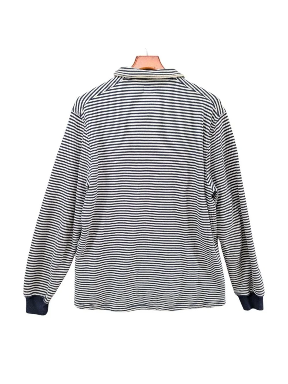 J.CREW French Terry Mockneck Sweatshirt Mens Navy Cream Stripe Button Size L